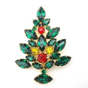 Vintage OTC Christmas Tree Brooch 2.5" Green Red Yellow Faceted‎ Rhinestone Pin
